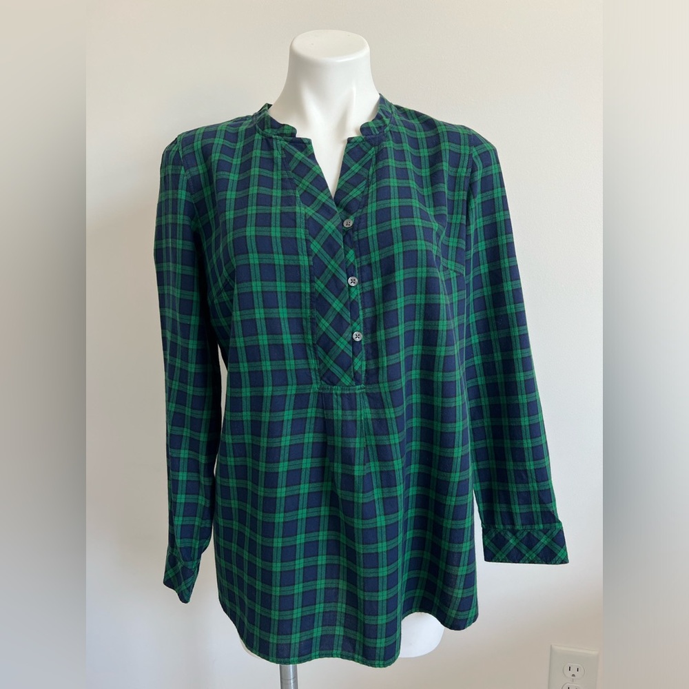 Talbots Plaid Top Green Blue M Plaid 100% Cotton